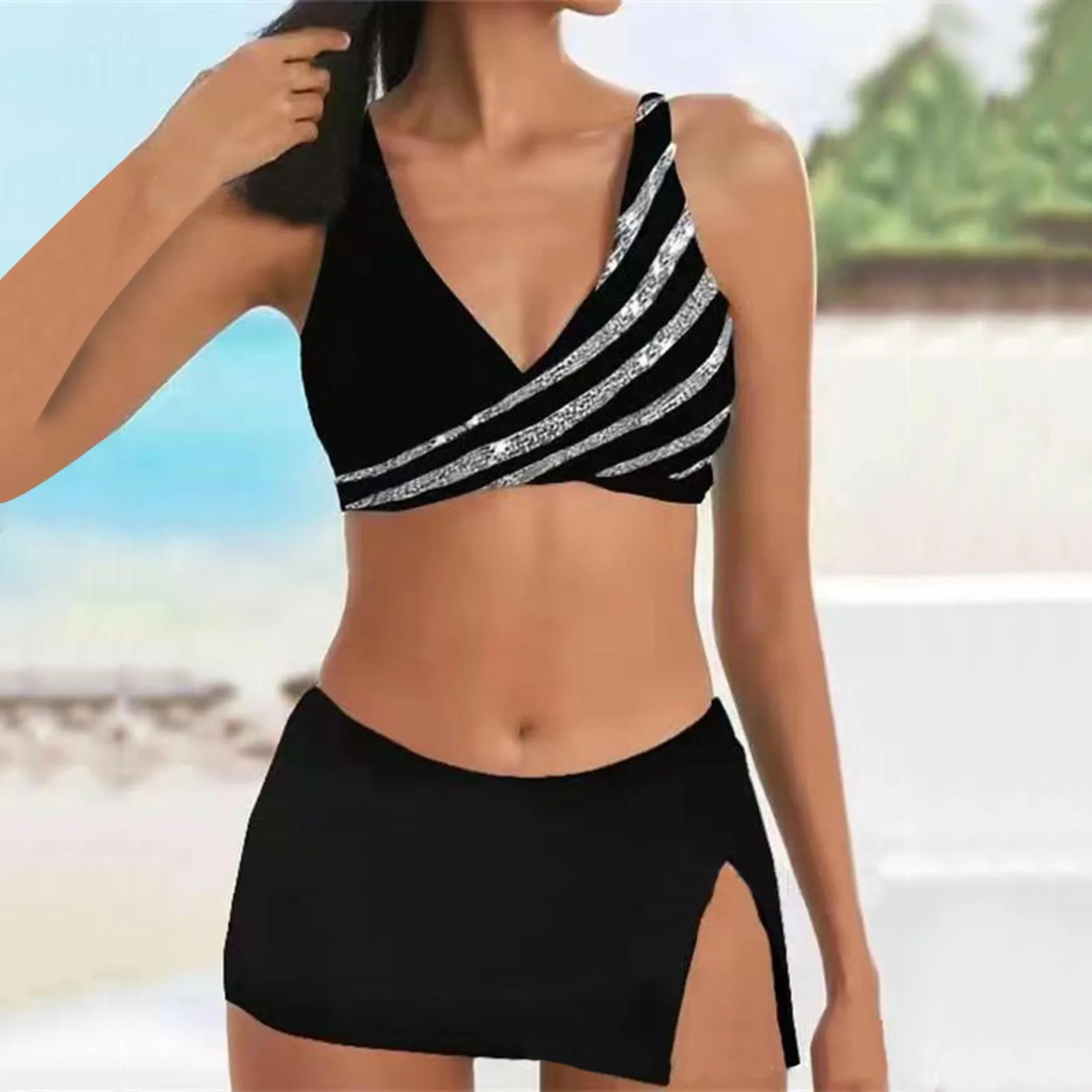 

Комплект бикини пуш-ап женский из трех предметов, с высокой талией