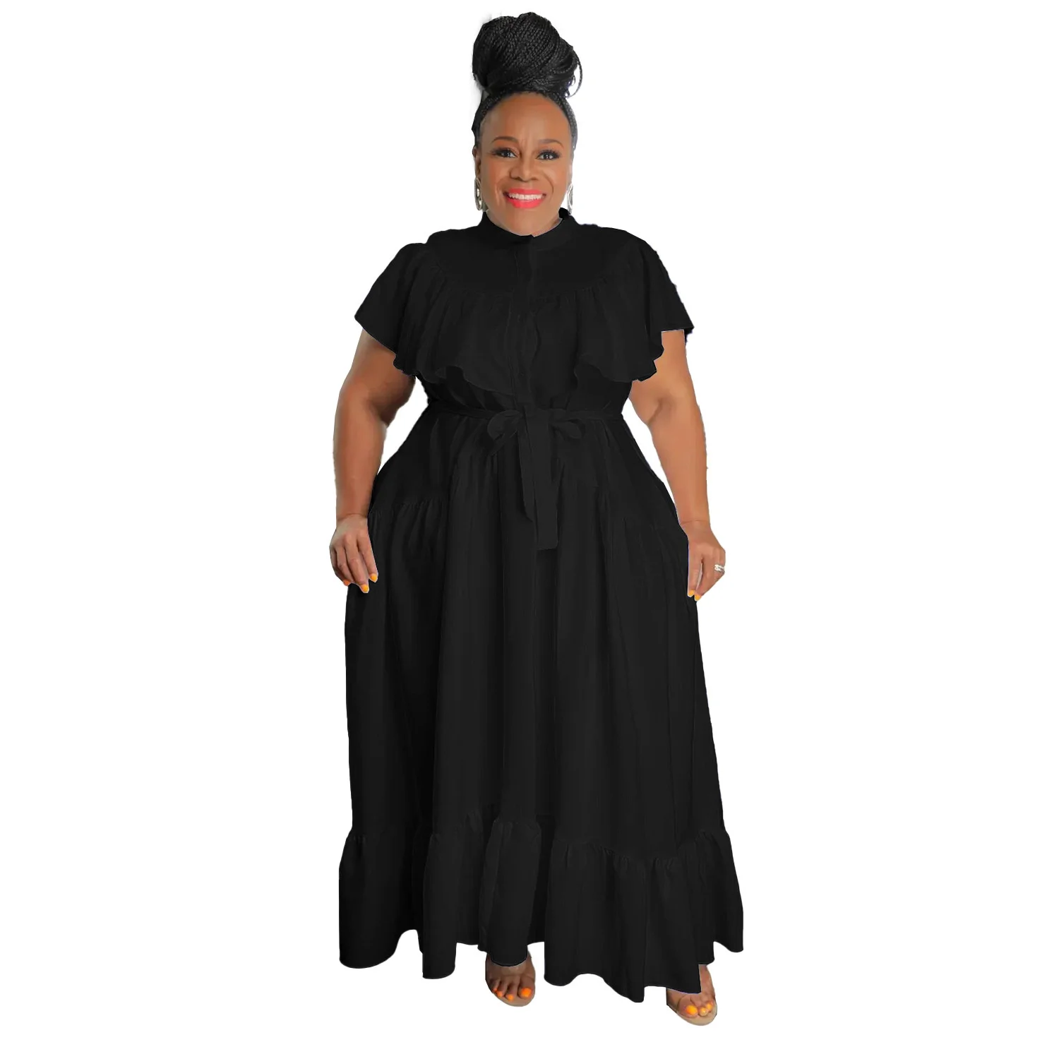 Plus Size Female Dresses Fashion Sexy Straps Button Pleated Dress Large Size Women Casual Solid Color Short Sleeve Loose Dress