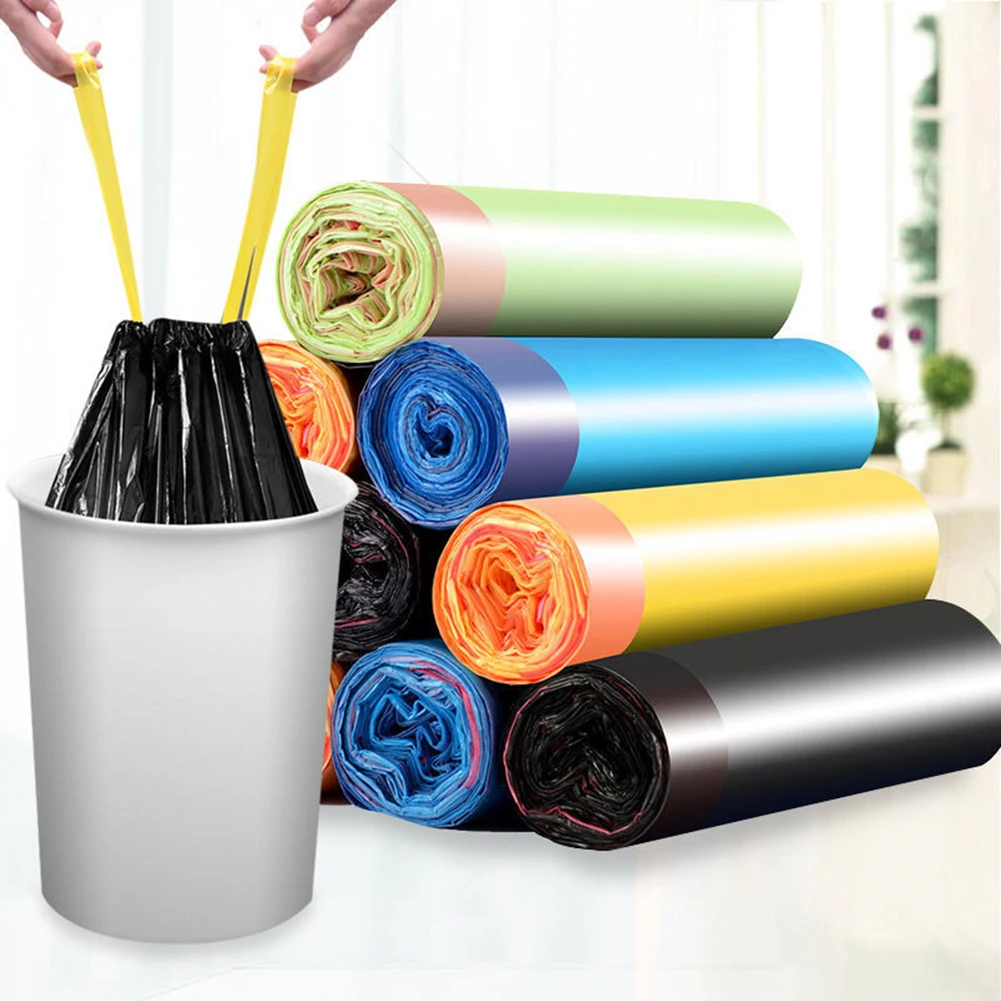 

15pcs/1roll Disposable Garbage Bag Household Kitchen Trash Bags Storage Drawstring Handles Not Dirty Hands Plastic Storage Bags