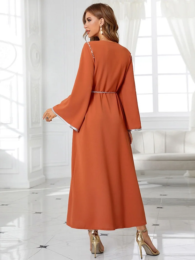 Kaftan Arabic Long Dress Women Hand Sew Rhinestone Muslim Moroccan Party Caftan Saudi Gulf Jalabiya Ramadan Dubai Abaya Orange