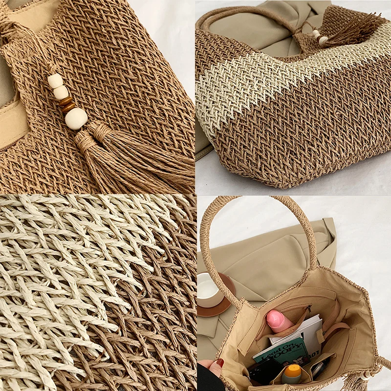 Bohemia Women Weave Straw Big Hit Color Tote Bag 2023 Summer Travel Beach Bags Handmade Lady Handbag Shoulder Side Bags