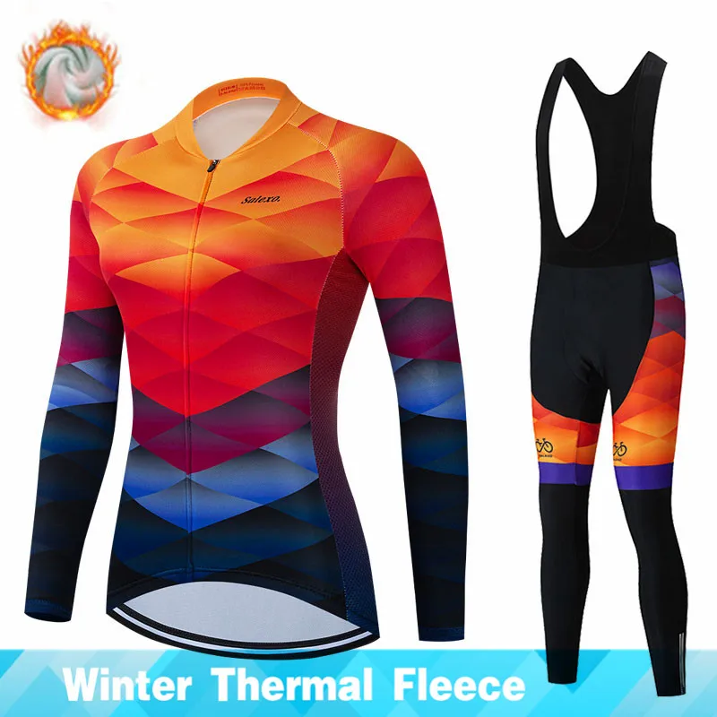 

Warm 2022 Salexo Winter Thermal Fleece Cycling Clothes Women Jersey Suit Outdoor Bike MTB Clothing Bib Pants Set Ropa Ciclismo