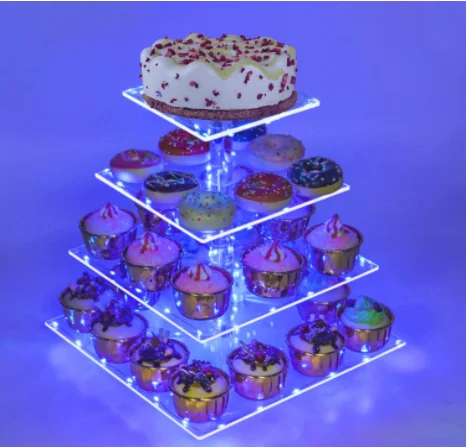

Cupcake Stand, 4 Tier Square Acrylic Cupcake Display Stand with LED String Lights Dessert Tower Pastry Stand for Birthday or Wed