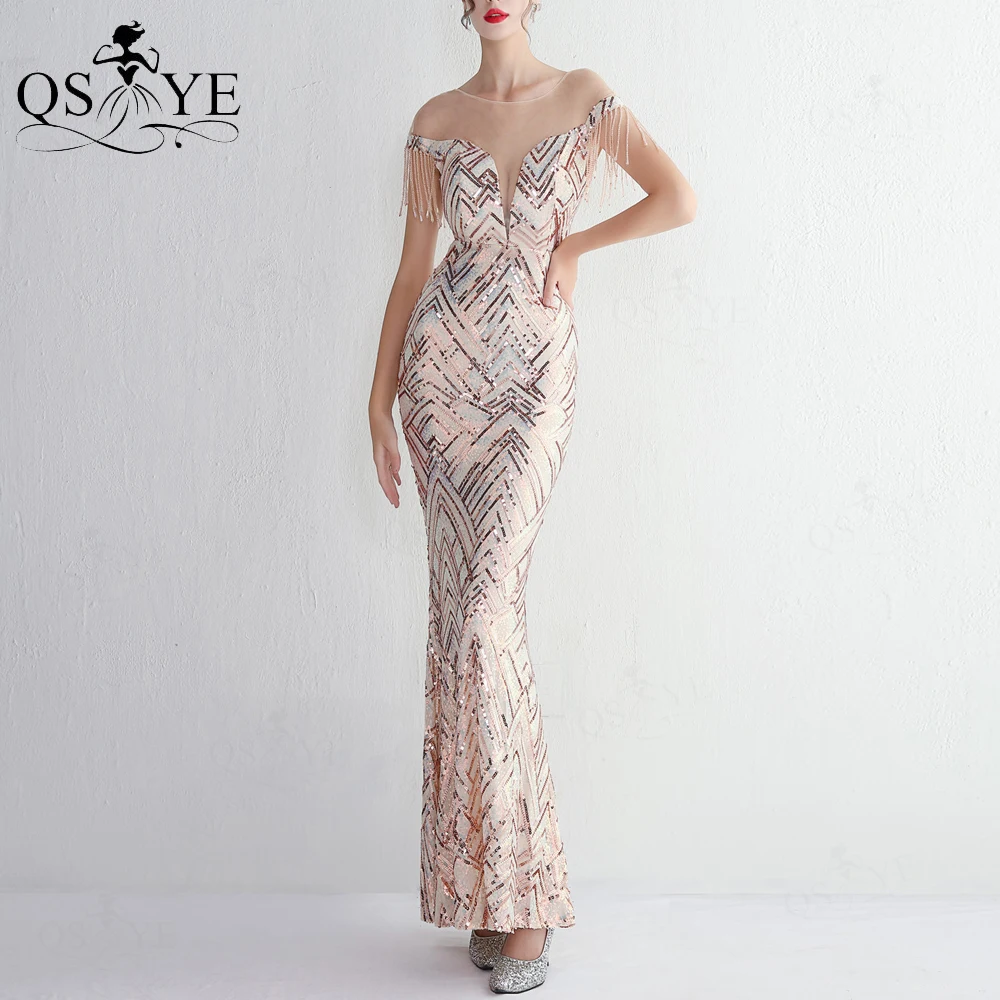 

QSYYE Gold Pattern Sequin Prom Dresses Beading Cap Sleeves Unique Lace Evening Gown Illusion Neck Crystal V Back Party Dress