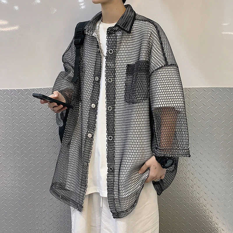 

2022 Summer Hollow Out Mens Shirts New Oversized Personalized Blouses Fashion Streetwear Brand Casual Male Cardigan