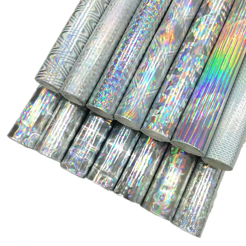 

Silver Printed Mirror Laser PU Faux Leather Fabric Sheet for DIY Accessories Decoration Shoe Bag Handbag Keychain