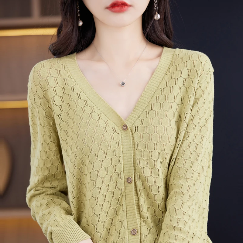 

Knitted Cardigan Women's Thin Sweater Coat 2023 Spring/Summer New Pure Cotton V-neck Top Hollowed Out Loose Outerwear Top