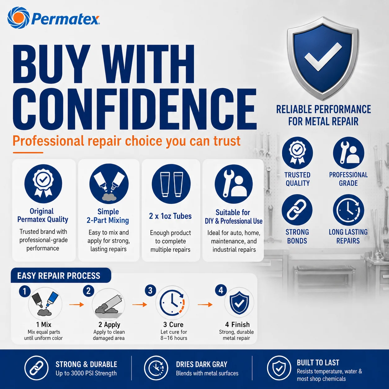Клей для холодной сварки Permatex 14600, двухкомпонентный эпоксидный, армированный сталью, для ремонта металла, до 3000 фунтов на кв. дюйм, для алюминия и стали, 2 унции (56 г) (art.: 3920daef7c8e2) - 3920daef7c8e2