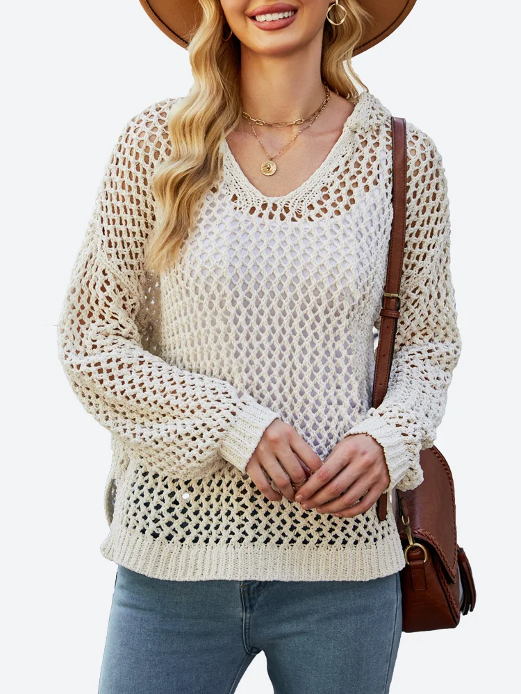 

Benuynffy Lightweight Summer Sweater for Women 2023 Spring Fall Casual Hooded Long Sleeve Hollow Out Knitted Pullover Tops