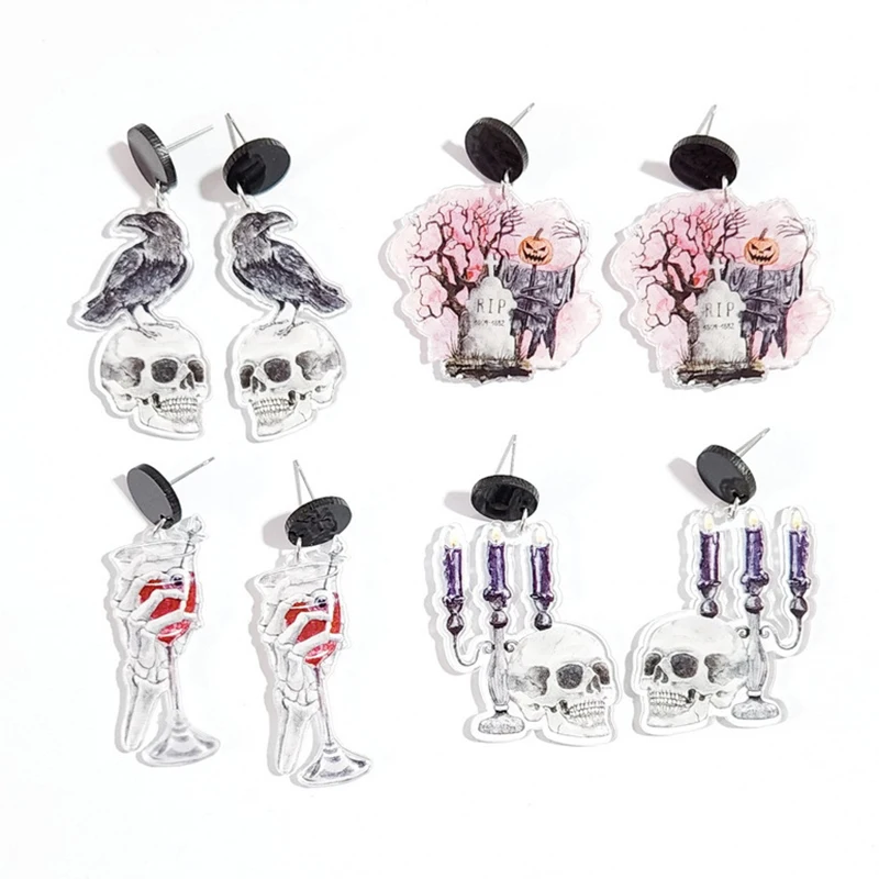 Crow Skull Acrylic Halloween Earrings For Women Hallowmas Bleeding Eyeball Goblet Pumpkin Drop Earrings