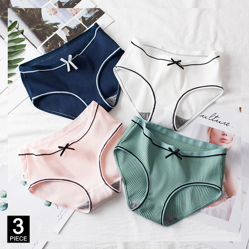 

Cotton Panties for Woman Sexy Fashion Briefs Solid Color knickers Girl Bow Underpants Underwear Lingerie 3 Pcs/set