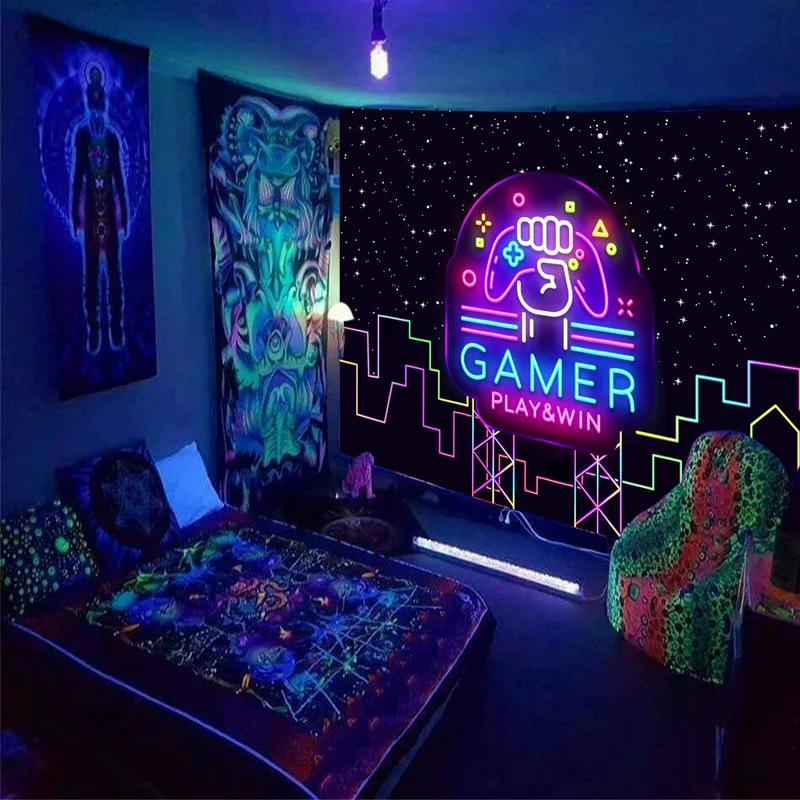 

Explosive Neon Fluorescent Tapestry Skull Game Psychedelic Decorative Background Cloth Dormitory Hanging Cloth