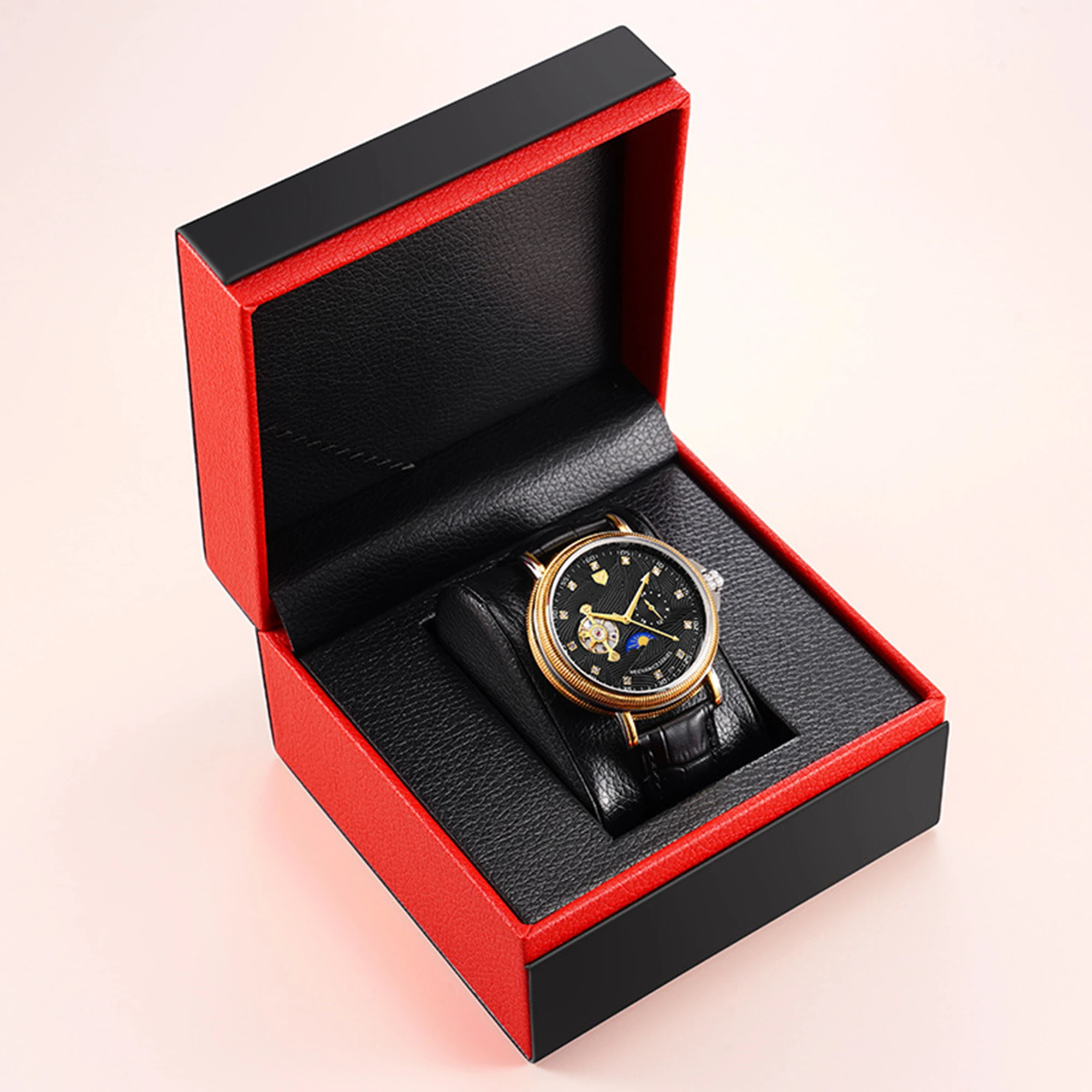 Enlarge Red and black PU skin flip-top watch box manufacturer Spot Wholesale Square watch box watch box gift box