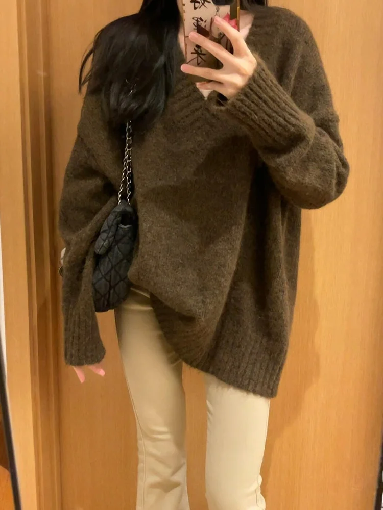 Maillard Wear Loose Retro Pullover V-neck Outer Sweater Lazy High Sense Women Autumn and Winter 2024 New