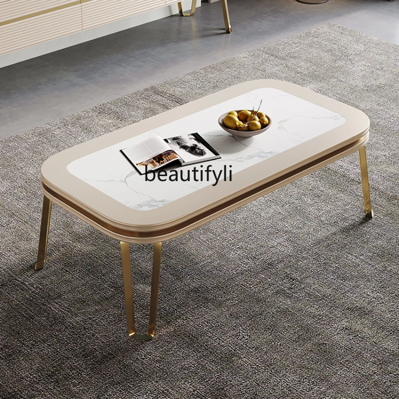 

yj Nordic Modern Light Luxury Champagne Paint Stainless Steel Gold Stone Plate Square Coffee Table