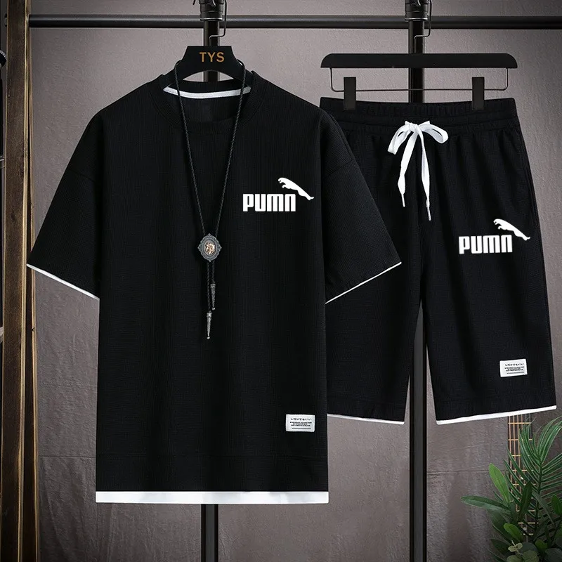 Summer men's two-piece linen fabric casual T-shirt + shorts suit men's sports fashion short sleeve suit t-shirt men shorts