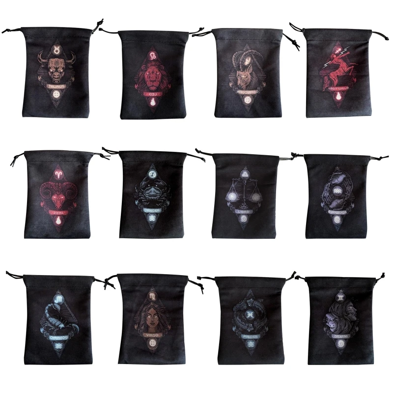 

Twelve Constellations Tarots Storage Oracle Cards Bag Velvet Double Sided Print Drawstring Bag Dice Package Witch Accessories