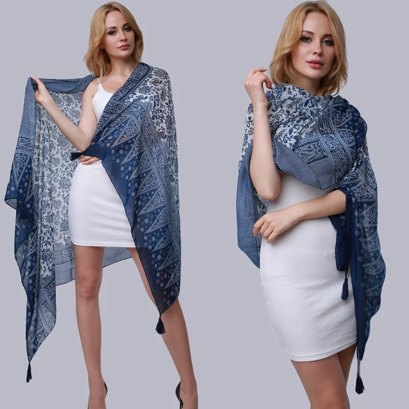 

Large Size Summer Pashmina Scarf Women Long Shawl Printed Sexy Beach Cover Up Female Navy Blue Scarves 175*100cm