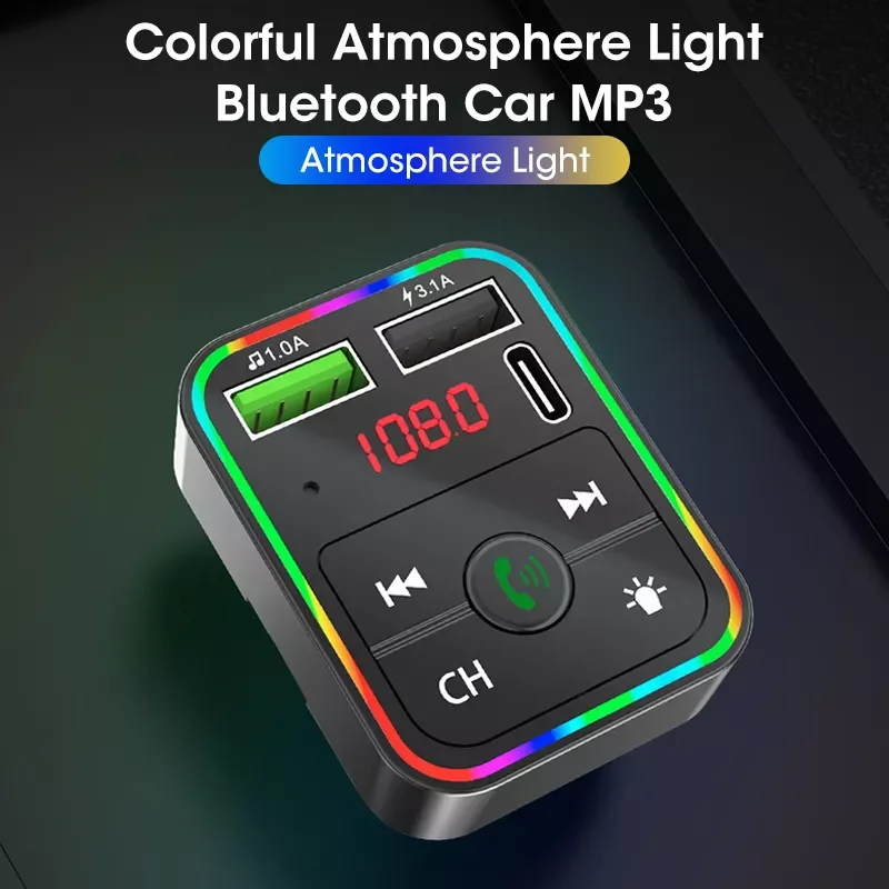 

5.0 FM Transmitter Car MP3 Player Atmosphere light Wireless Handsfree Audio Receiver USB Fast Charge TF U Disk play