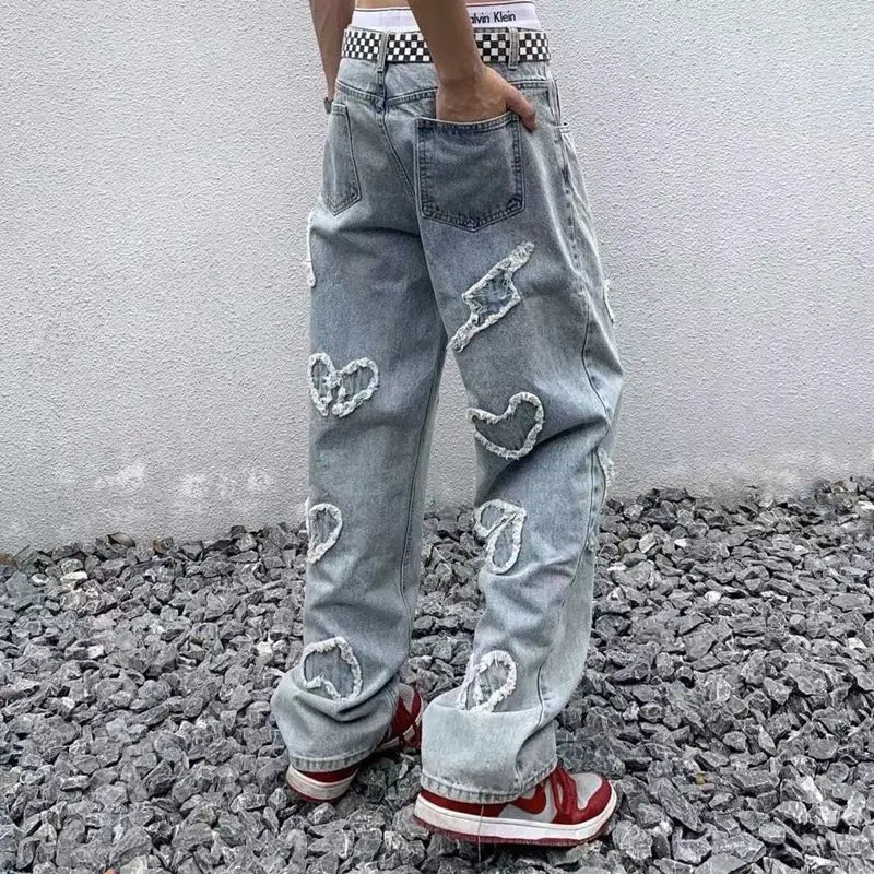 Jeans Couple Patch Decorative Goth Pants 2022 European American Fashion High Street Washed Old Patchwork Straight Trousers Trend