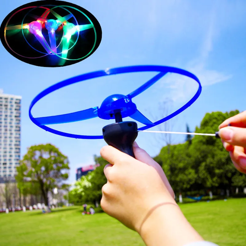 Kid Sports Pull Line Saucer Toys Children Outdoor Fun Rotating Flying Toy LED Light Processing Flash Flying Toy For Parks Beach