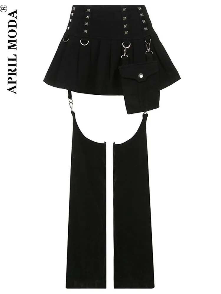 

2023 Black Harajuku Punk Grunge Pleated Skirts Bandage Buckle Y2k Mini Skirts with Pants Women Goth Black Korean Bottoms 90s