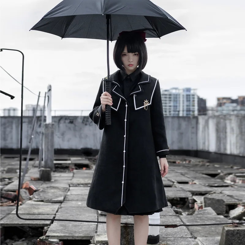 

Длинное зимнее пальто Lolita, готическое пальто для девочек, женская черная утепленная куртка Jk, униформа в японском стиле Харадзюку, костюм для косплея, верхняя одежда