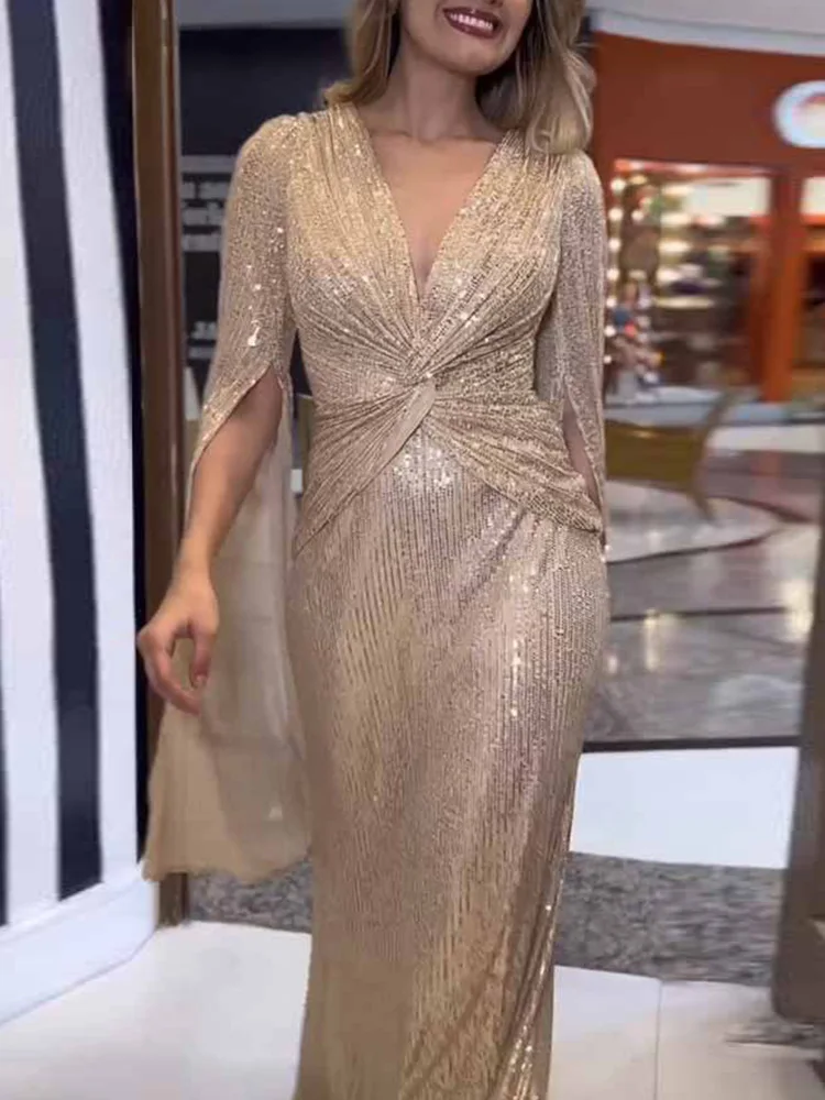 

Повседневное женское облегающее платье с V-образным вырезом и блестками, женское ажурное платье до пола, шикарное однотонное Клубное платье-макси в стиле ретро