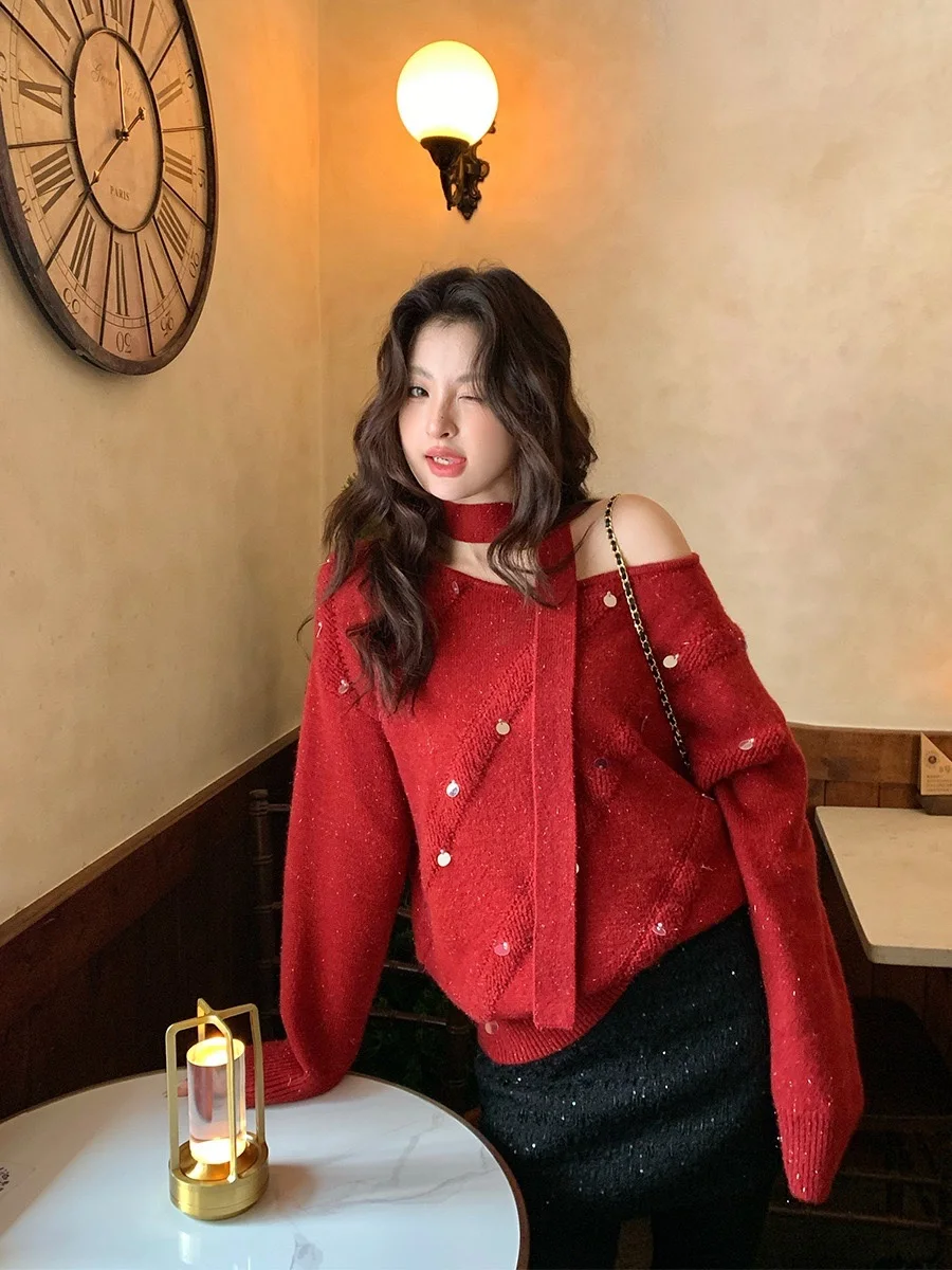 Se Gentle Sun Xiuxi Рождественская одежда свитер с открытым вырезом и лентой женский