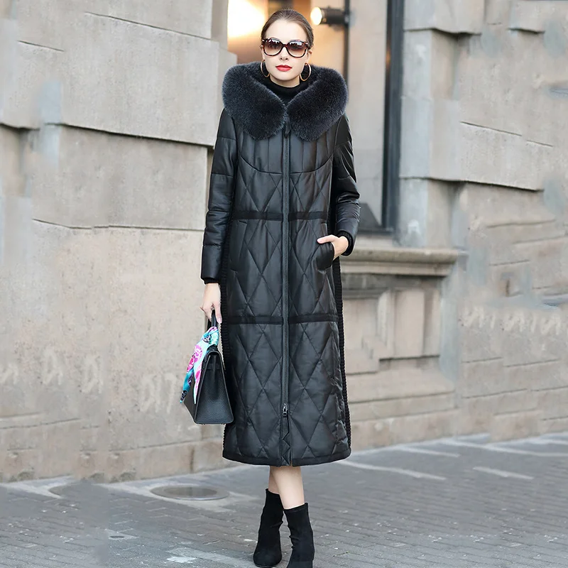 

Women's Winter Down Coat New Fox Leather Collar Casual Long Hooded Sheepskin Diamond Plaid Coat 2022