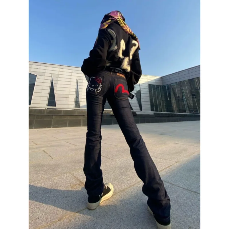 Новинка 2024 джинсовые брюки Hello Kitty Y2k милые винтажные с широкими штанинами в стиле