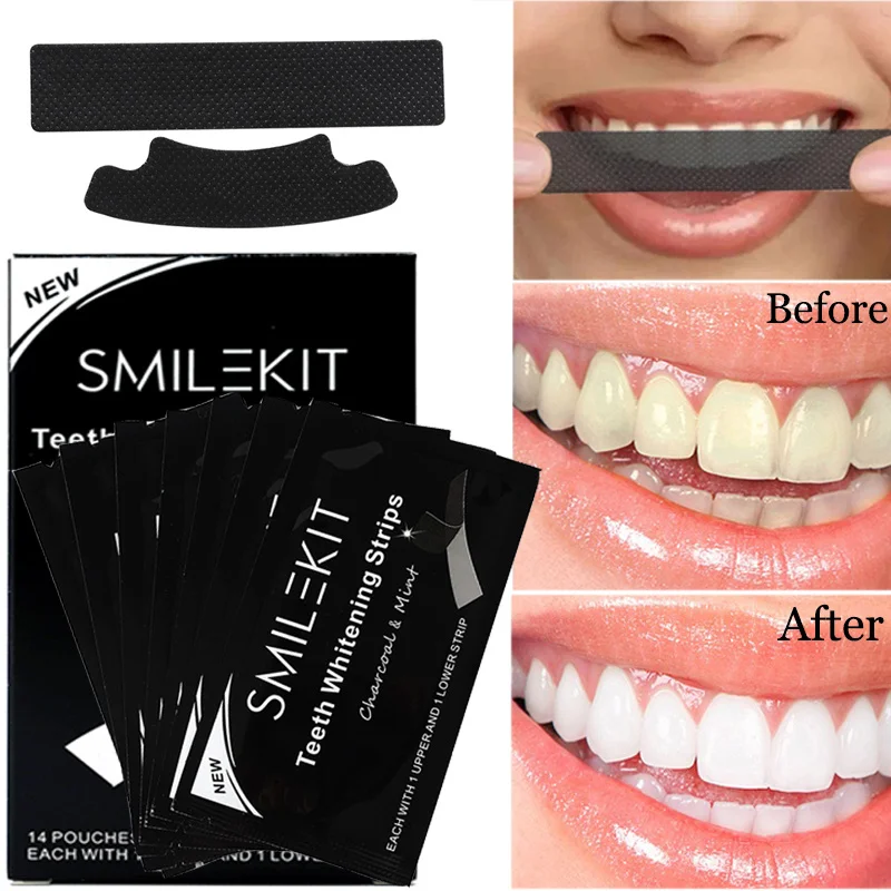 5DActivated Charcoal Teeth Whitening Gel Strips Stains Removal Oral Hygiene  Professional Dental Bleach Tooth Veneers 7/14 Pairs