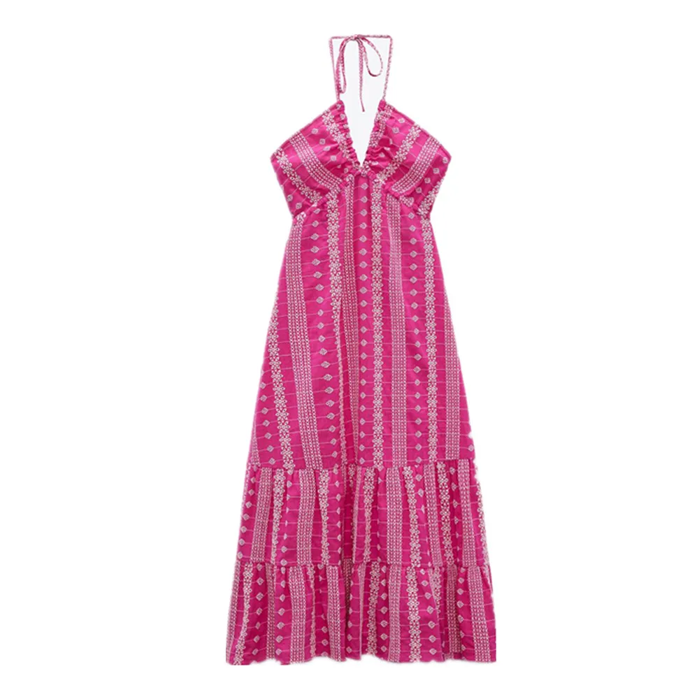 

PB&ZA summer new women's holiday style suspenders V-neck open back hollow embroidery French temperament midi dress 3583931