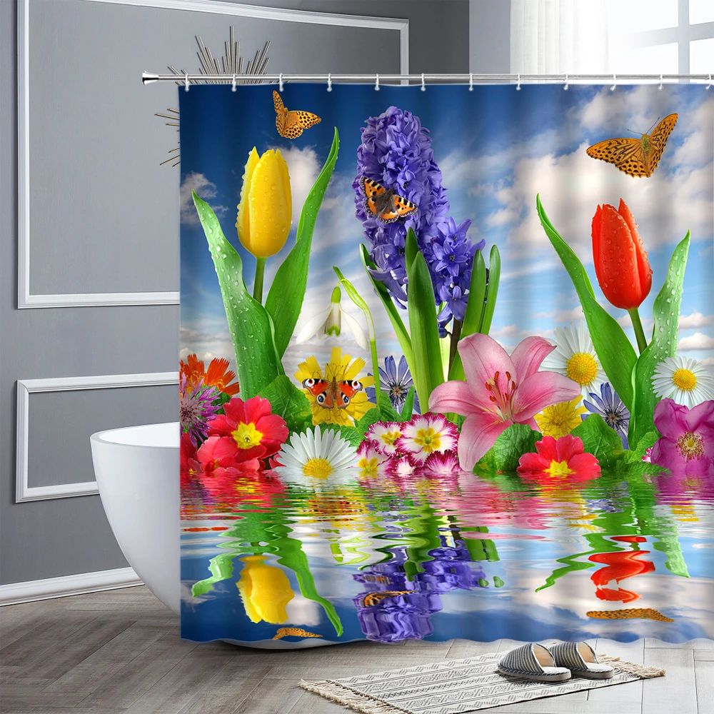 

Весенняя декоративная занавеска для душа, яркие цветы, тюльпаны, лилии, принт бабочки, Декор для дома, ванной комнаты, ткань для ванной, подве...