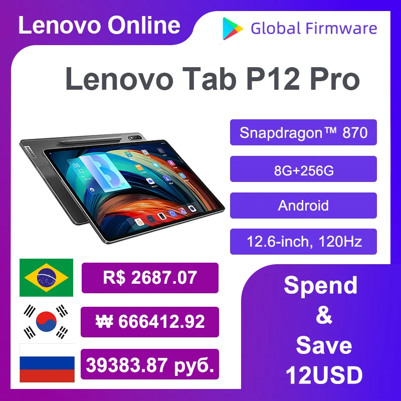 

Global Firmware Lenovo Tab P12 Pro Xiaoxin Pad Pro 12.6 Tablet Octa Core Snapdragon 870 8GB 256GB 12.6 Inch 2K OLED 10200mAh