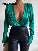 sexy deep v neck ruched satin bodysuits elegant office lady solid padded shoulder blouse and shirt long sleeve retro loose top