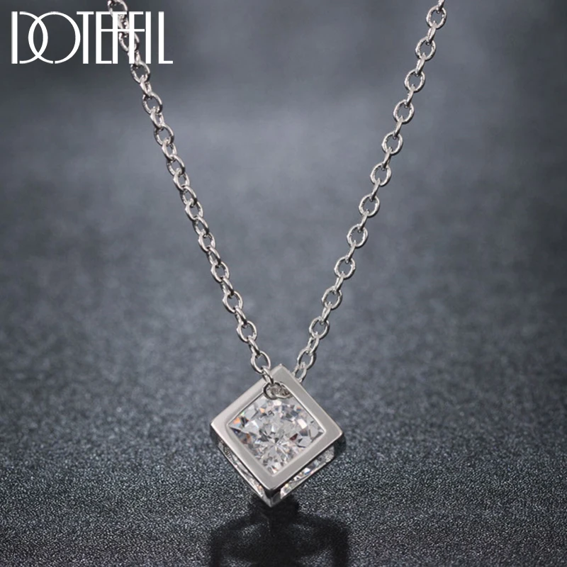 

DOTEFFIL 925 Sterling Silver Square AAA Zircon Pendant Necklace 18-30 Inch Chain For Women Fashion Wedding Party Charm Jewelry