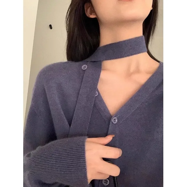 Lazy High Sense Фиолетовый вязаный свитер с v-образным вырезом и подвесным воротником