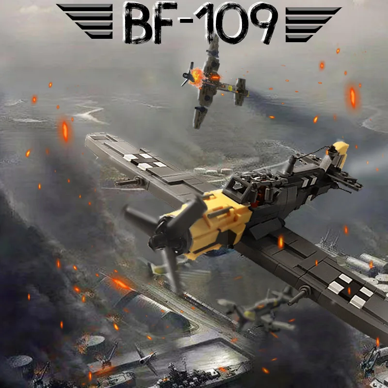 

MOC BF-109 Fighter Model Building Blocks Germany WW2 Military Plane Air Forces Soldiers Figures Weapons Bricks Toys Boys Gift