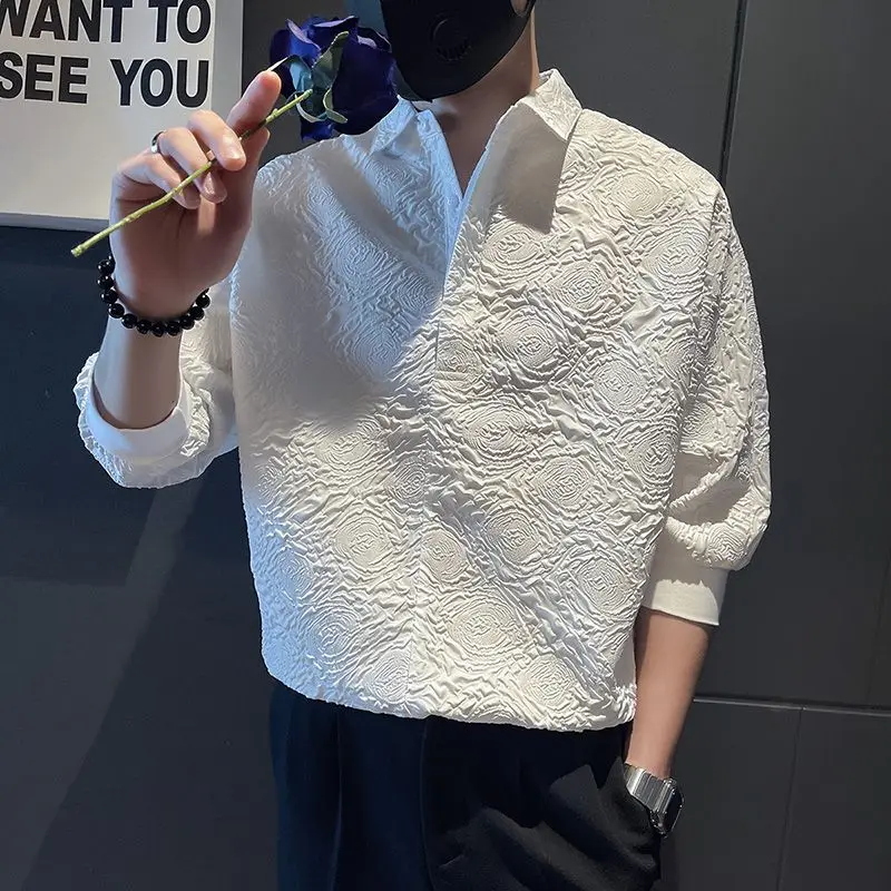 Korean Solid Color Long Sleeved Turn-down Collar Shirts Man Black White Fashion New Casual Spring Autumn Men's Clothing 2022