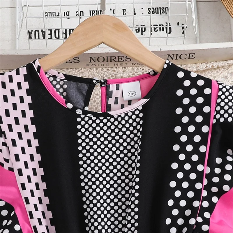 Платье детское летнее в горошек с круглым вырезом и поясом