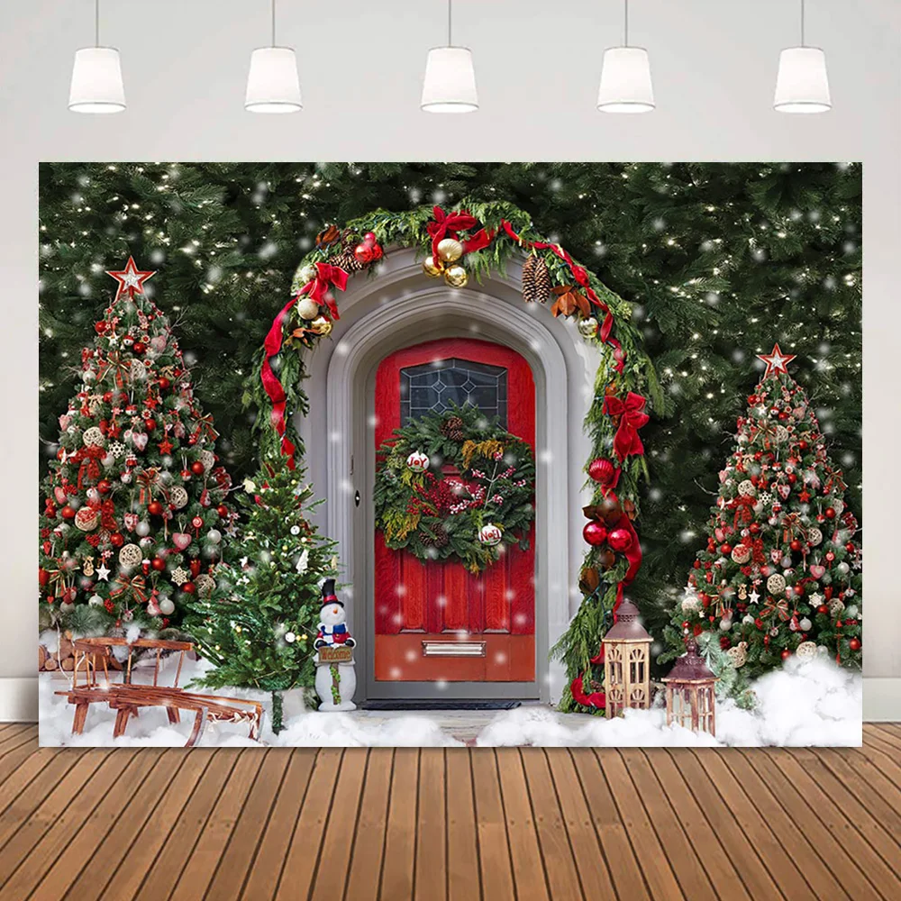 

Фон с рождественской вечеринкой украшения для новогодней елки лес красная дверь детский Портрет фон зимний Снежный венок Колокольчик для съемки