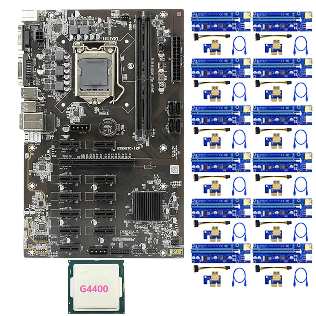

B250 Mining Motherboard with 12 Pcs 009S PCIE Riser Card+1 Pcs G4400 CPU LGA1151 DDR4 DIMM SATA3.0 12 PCIE Slots for BTC