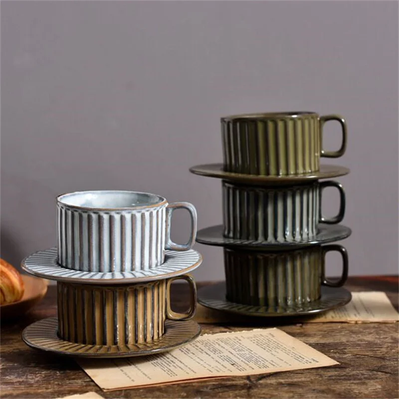 

Vintage Vertical Stripes Kiln-Turned Ceramic Coffee Mug and Saucer Set Afternoon Tea Pull Flower Mug Milk Latte Cup Drinkware