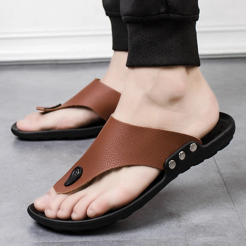 

2023 Slippers Summer Flip-Flops for Men Beach Slippers Brown Sandals Comfortable Shoes Non-Slip Bathroom Shoes Men Slides