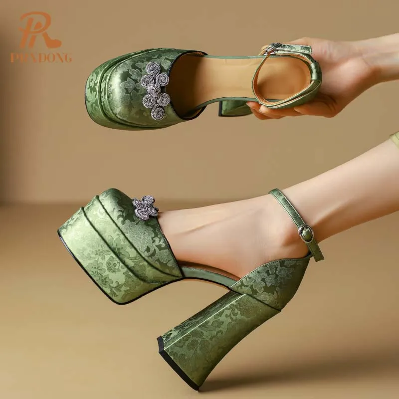 Женские туфли-лодочки на платформе PRXDONG серебристо-зеленые классические