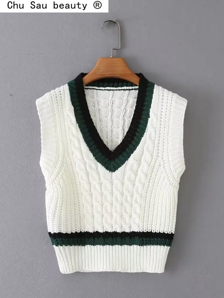 

Осень-зима 2022, Новый Винтажный приталенный вязаный короткий пуловер без рукавов в стиле преппи с V-образным вырезом, женский свитер, укороченный топ