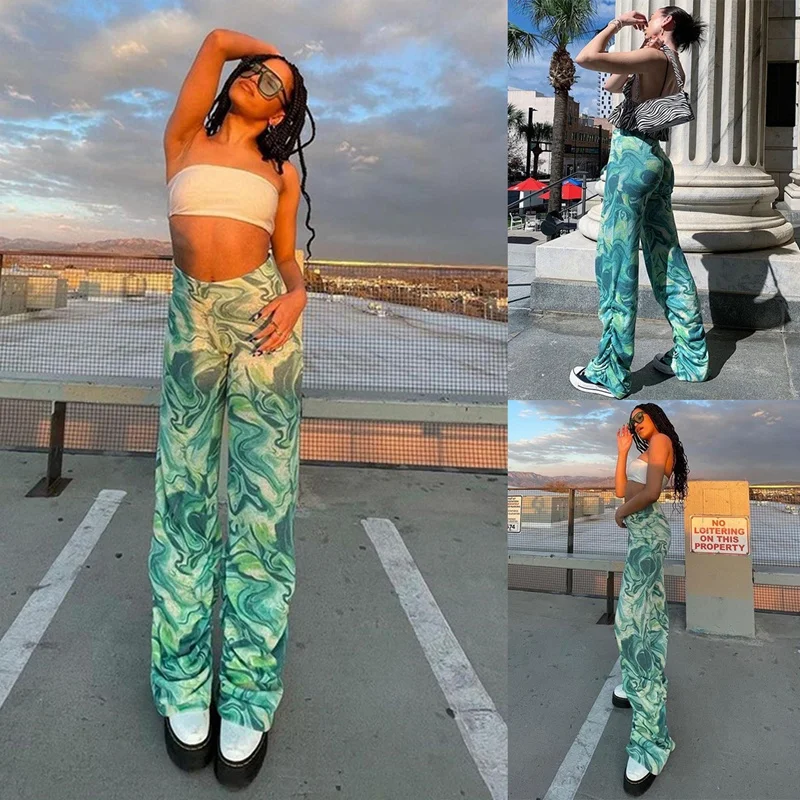 Women's Printed High-Waisted Trousers With Hips Trendy Straight Casual Pants Green