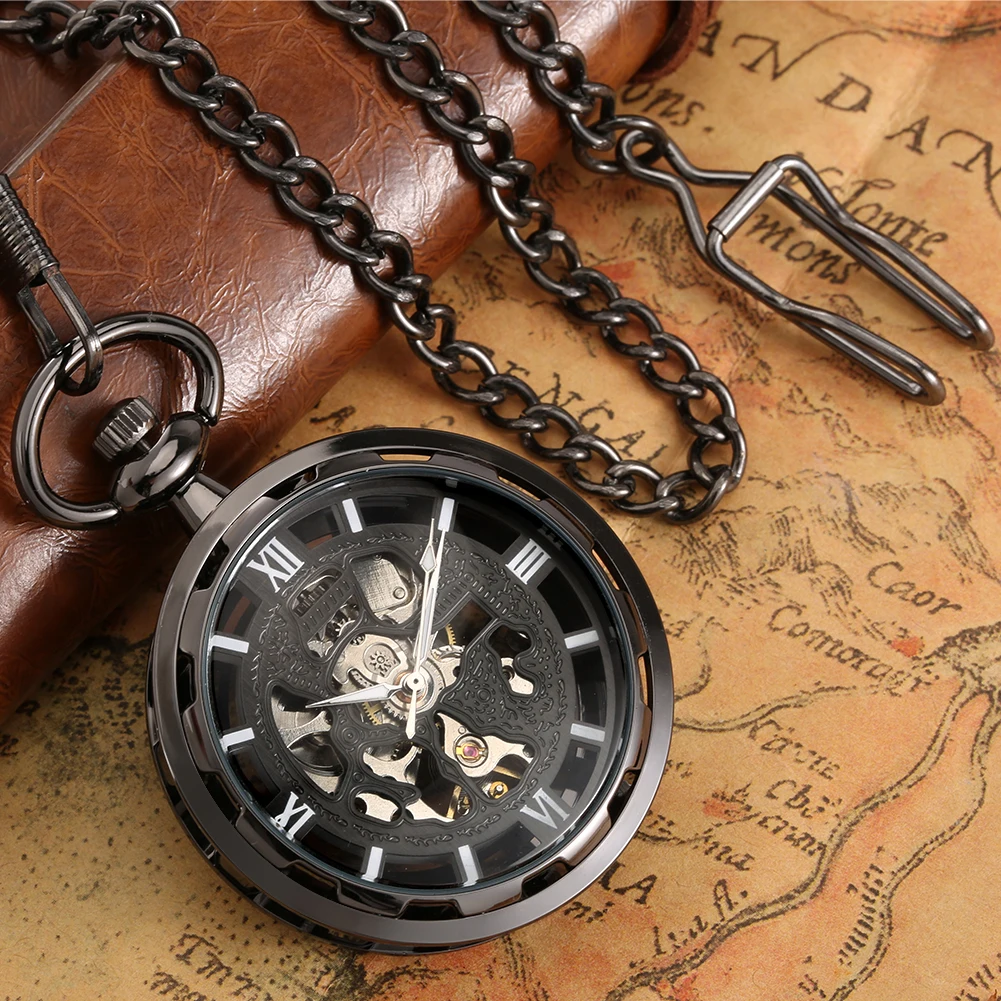 Black Transparent Skeleton Mechanical Hand-Winding Pocket Watch Fob Chain Roman Numerals Display Open Face Vintage Pendant Clock
