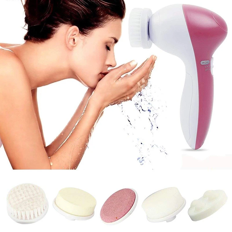 

5 in1 Powered Facial Cleansing Devices Remove Blackhead Exfoliation Face Washing Rolling Massage Head Soft Home Use Tools
